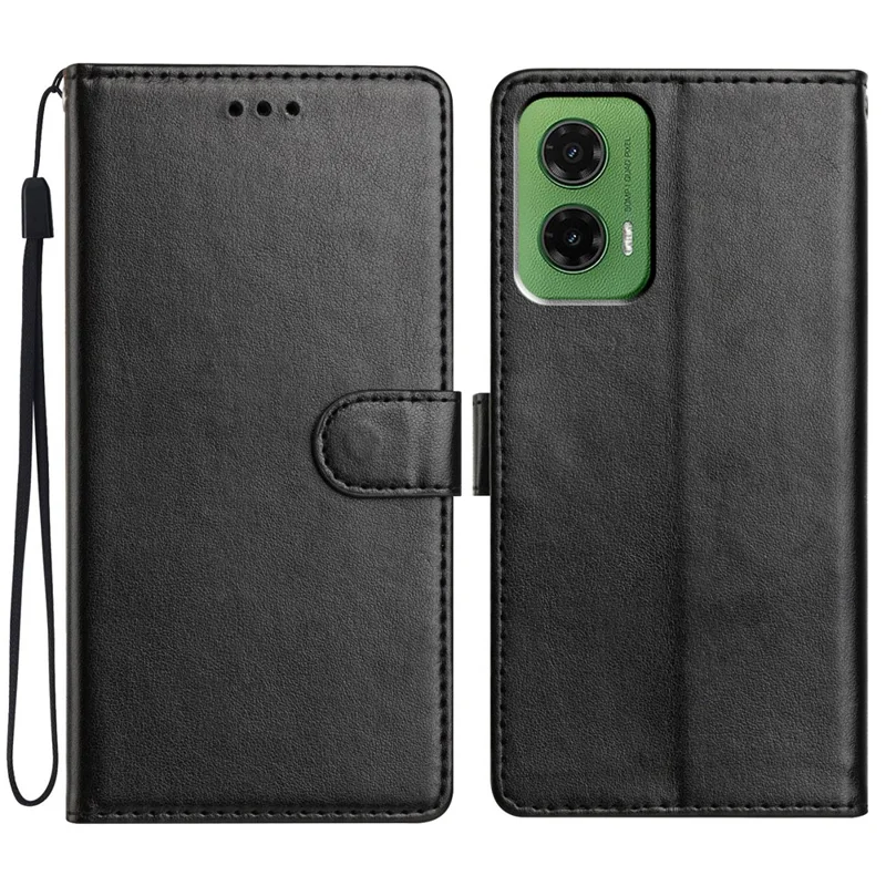 For Motorola Moto G35 5G Leather Case Wallet Stand Phone Cover with Handy Strap - Black