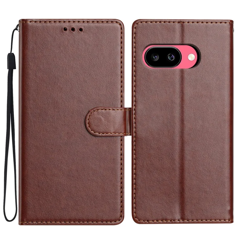 For Google Pixel 9a Leather Case Wallet Stand Phone Cover with Handy Strap - Brown