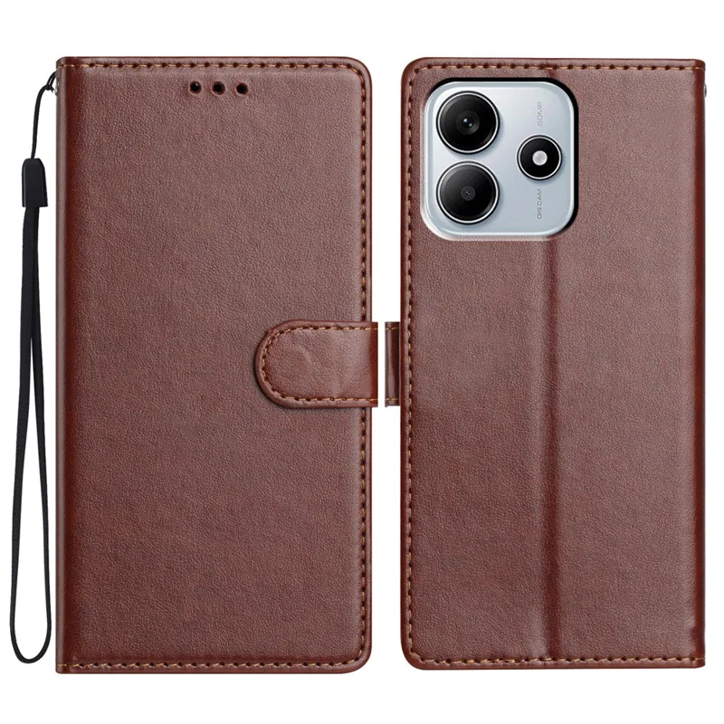 For Xiaomi Redmi Note 14 5G Leather Case Wallet Stand Phone Cover with Handy Strap - Brown
