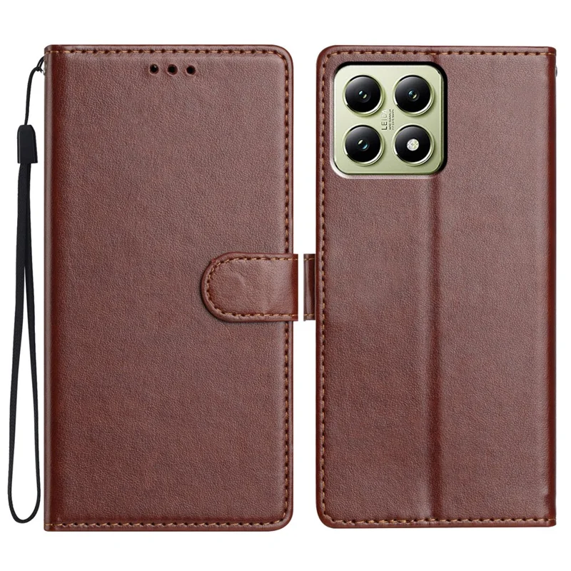 For Xiaomi 14T Leather Case Wallet Stand Phone Cover with Handy Strap - Brown
