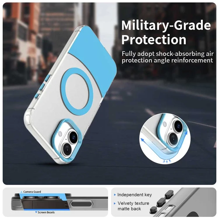 For iPhone 16 Plus Case Compatible with MagSafe Color Splicing IMD TPU+PET+PC Mobile Cover - Blue