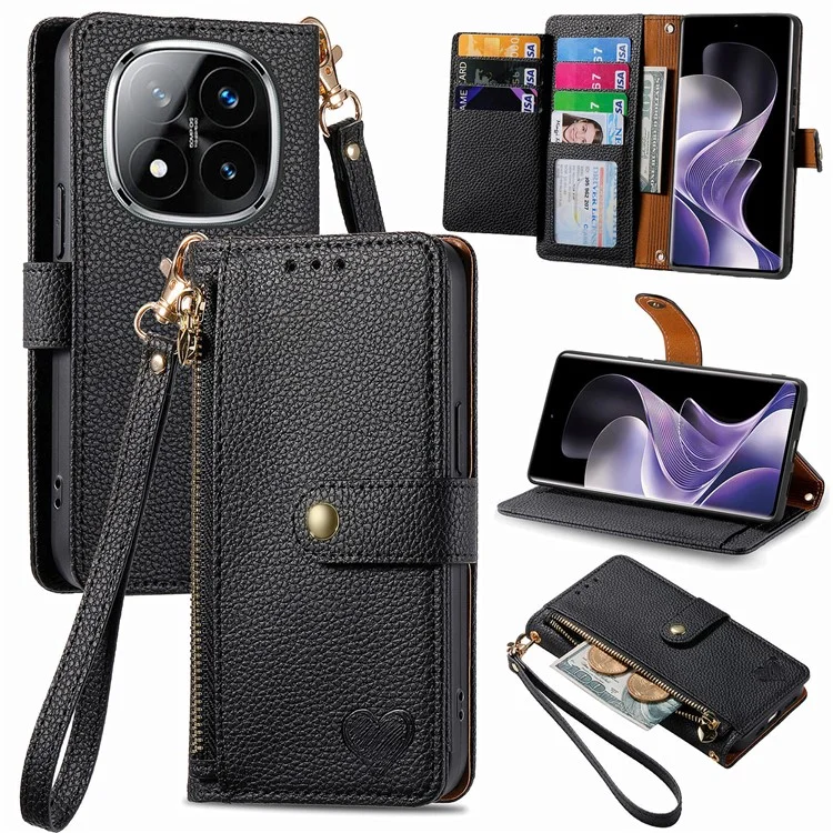 Capa para Xiaomi Redmi Note 14 Pro 5G com bolso de zíper e bloqueio RFID - Preto
