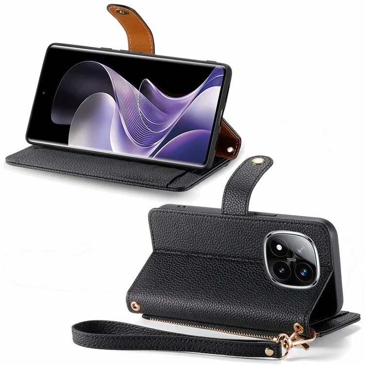 Capa para Xiaomi Redmi Note 14 Pro 5G com bolso de zíper e bloqueio RFID - Preto