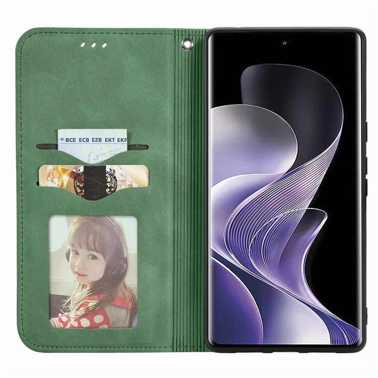 Étui pour Xiaomi Redmi Note 14 Pro 5G, sensation de toucher en cuir, porte-cartes, coque de téléphone à absorption magnétique - Vert