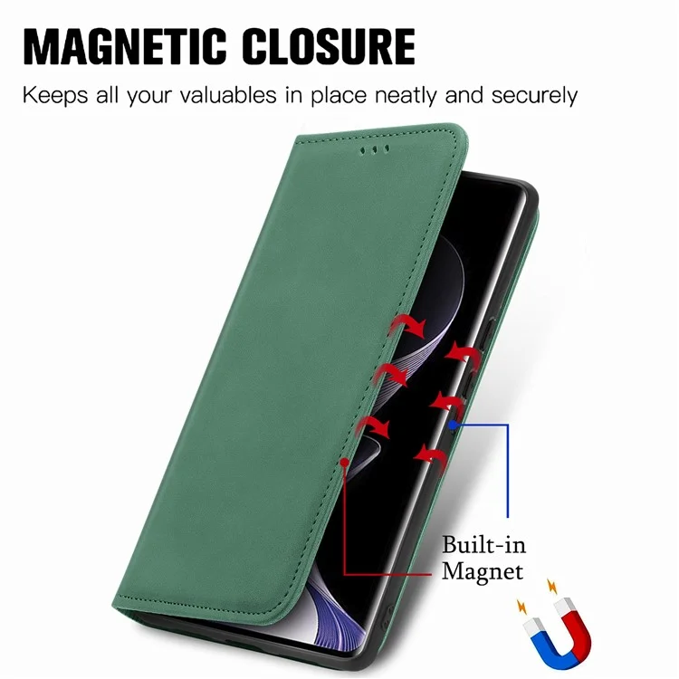 Étui pour Xiaomi Redmi Note 14 Pro 5G, sensation de toucher en cuir, porte-cartes, coque de téléphone à absorption magnétique - Vert