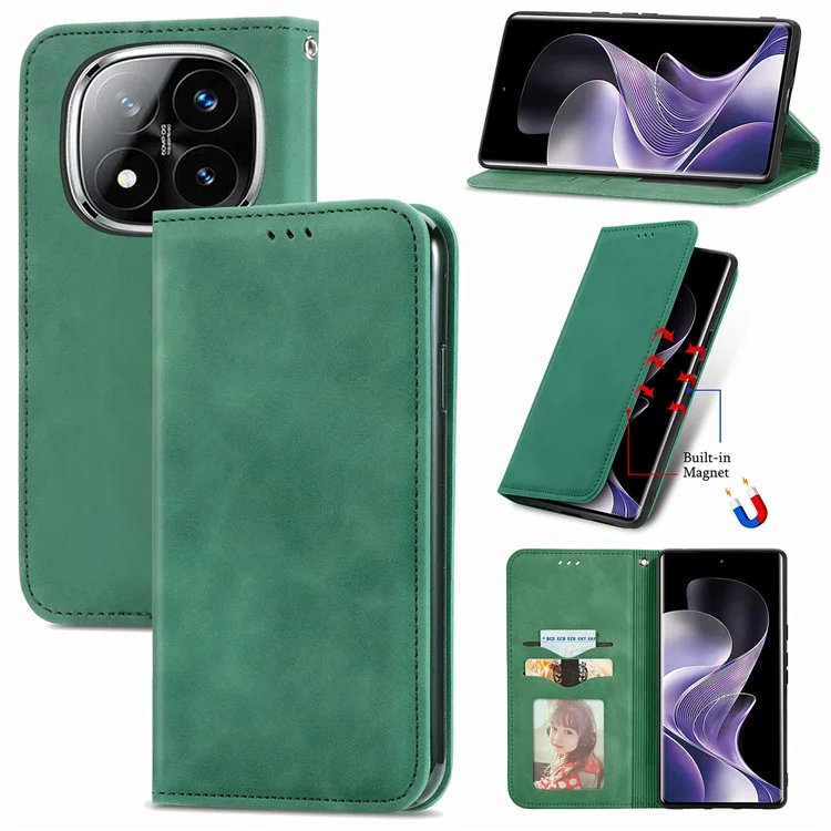 Étui pour Xiaomi Redmi Note 14 Pro 5G, sensation de toucher en cuir, porte-cartes, coque de téléphone à absorption magnétique - Vert