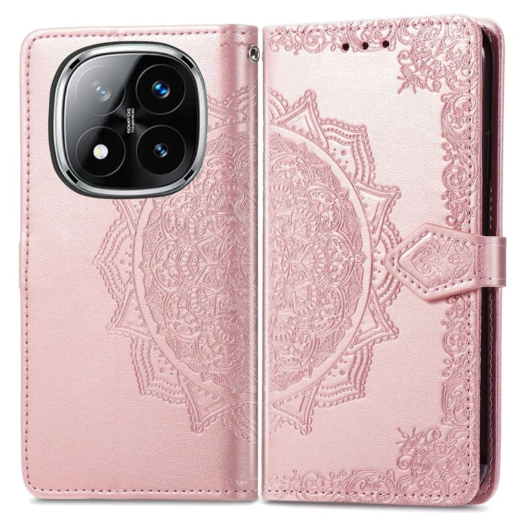 Funda de billetera para Xiaomi Redmi Note 14 Pro 5G Mandala Flower Leather Phone Cover Stand View - Oro Rosa