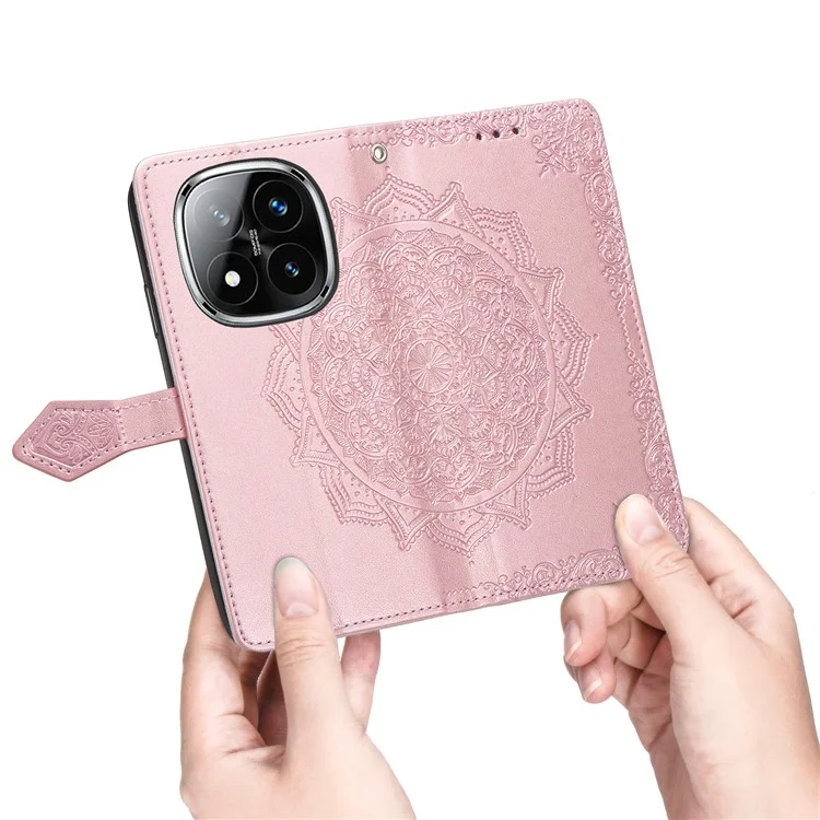 Funda de billetera para Xiaomi Redmi Note 14 Pro 5G Mandala Flower Leather Phone Cover Stand View - Oro Rosa