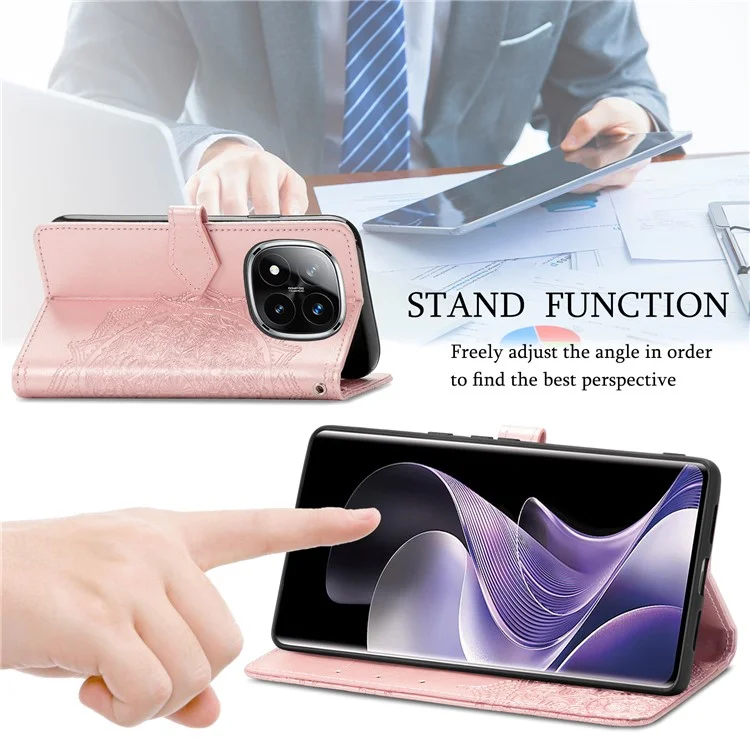 Funda de billetera para Xiaomi Redmi Note 14 Pro 5G Mandala Flower Leather Phone Cover Stand View - Oro Rosa