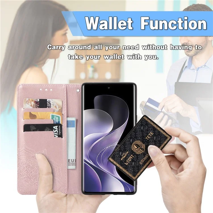 Funda de billetera para Xiaomi Redmi Note 14 Pro 5G Mandala Flower Leather Phone Cover Stand View - Oro Rosa