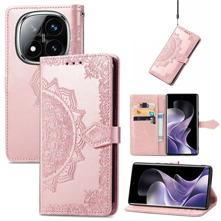 Funda de billetera para Xiaomi Redmi Note 14 Pro 5G Mandala Flower Leather Phone Cover Stand View - Oro Rosa