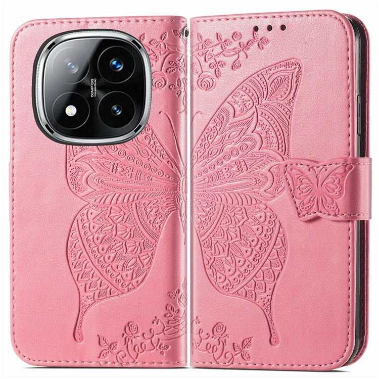 Étui en cuir PU pour Xiaomi Redmi Note 14 Pro 5G, motif papillon - Rose