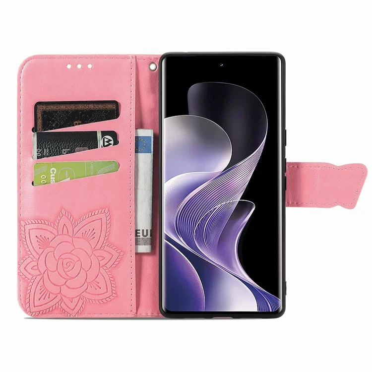 Étui en cuir PU pour Xiaomi Redmi Note 14 Pro 5G, motif papillon - Rose