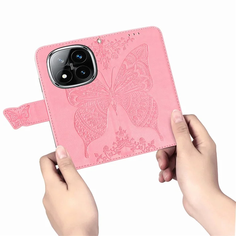 Étui en cuir PU pour Xiaomi Redmi Note 14 Pro 5G, motif papillon - Rose