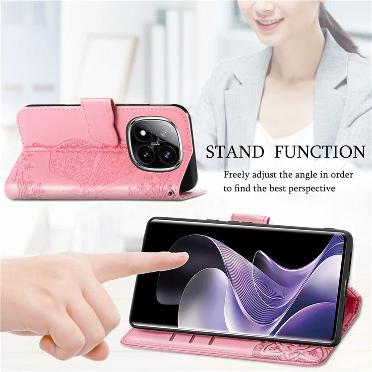 Étui en cuir PU pour Xiaomi Redmi Note 14 Pro 5G, motif papillon - Rose