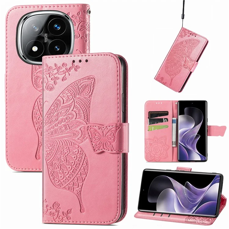 Étui en cuir PU pour Xiaomi Redmi Note 14 Pro 5G, motif papillon - Rose