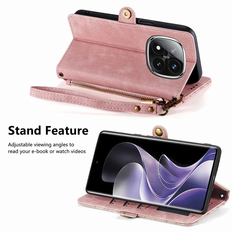 Étui portefeuille à fermeture éclair avec motifs géométriques pour Xiaomi Redmi Note 14 Pro 5G - Rose