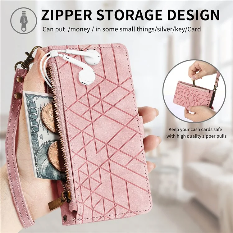 Étui portefeuille à fermeture éclair avec motifs géométriques pour Xiaomi Redmi Note 14 Pro 5G - Rose