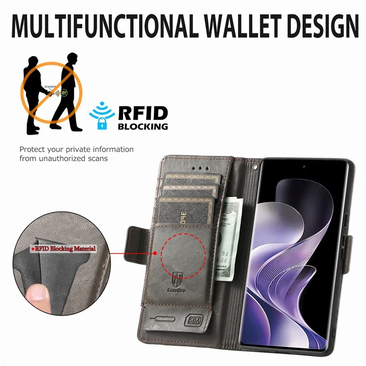 Coque CASENEO 002 pour Xiaomi Redmi Note 14 Pro 5G, étui portefeuille en cuir PU avec support - Noir