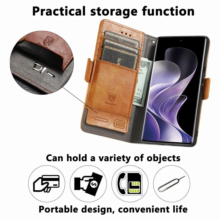 Coque CASENEO 002 pour Xiaomi Redmi Note 14 Pro 5G, étui portefeuille en cuir PU avec support - Noir
