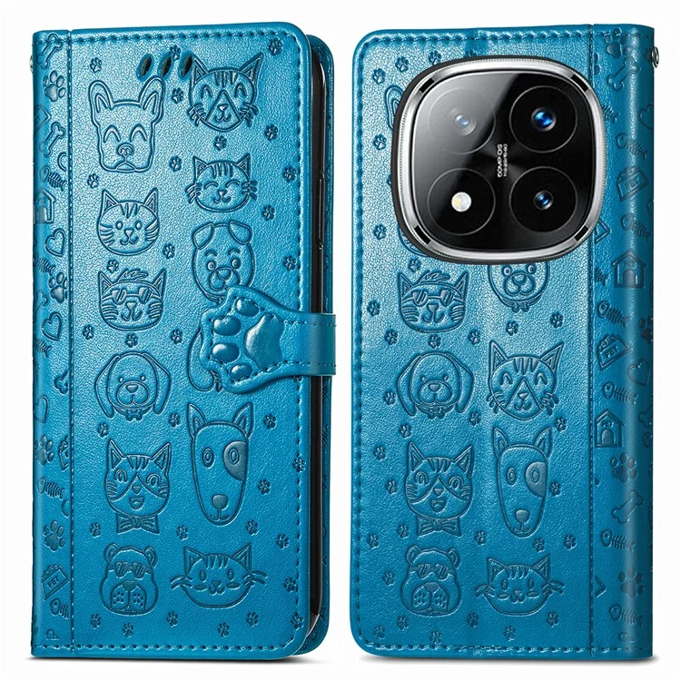 Étui à rabat en cuir pour Xiaomi Redmi Note 14 Pro 5G avec motif mignon de chat et de chien - Bleu