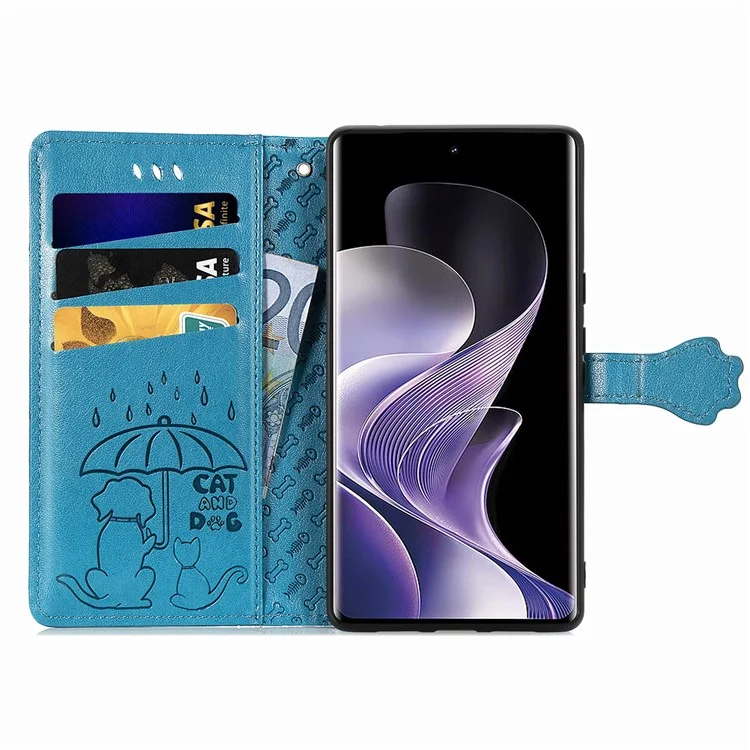 Étui à rabat en cuir pour Xiaomi Redmi Note 14 Pro 5G avec motif mignon de chat et de chien - Bleu