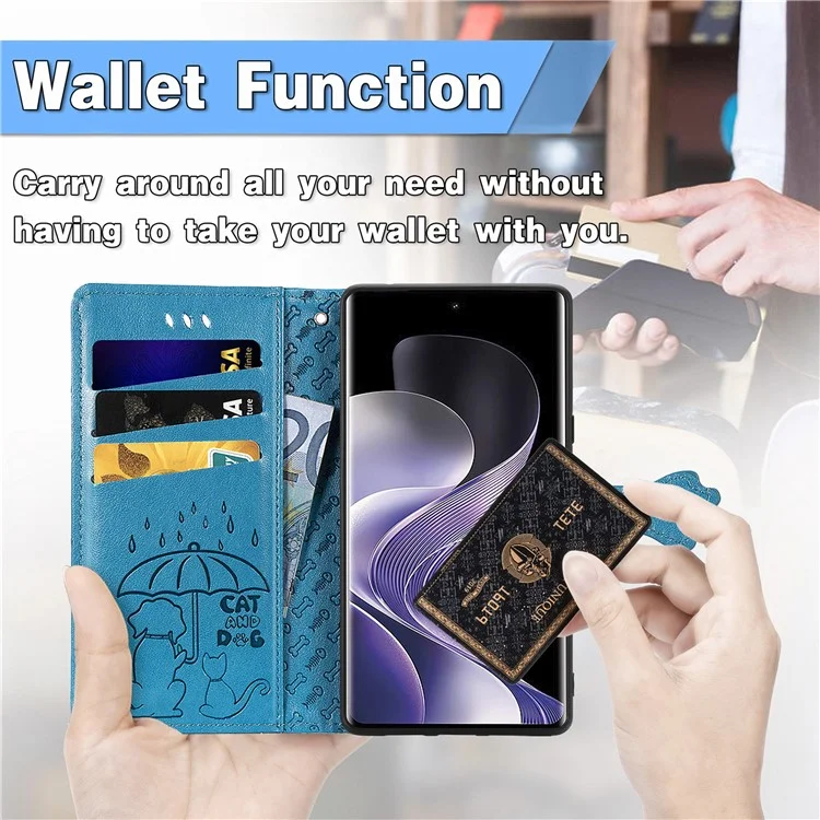 Étui à rabat en cuir pour Xiaomi Redmi Note 14 Pro 5G avec motif mignon de chat et de chien - Bleu