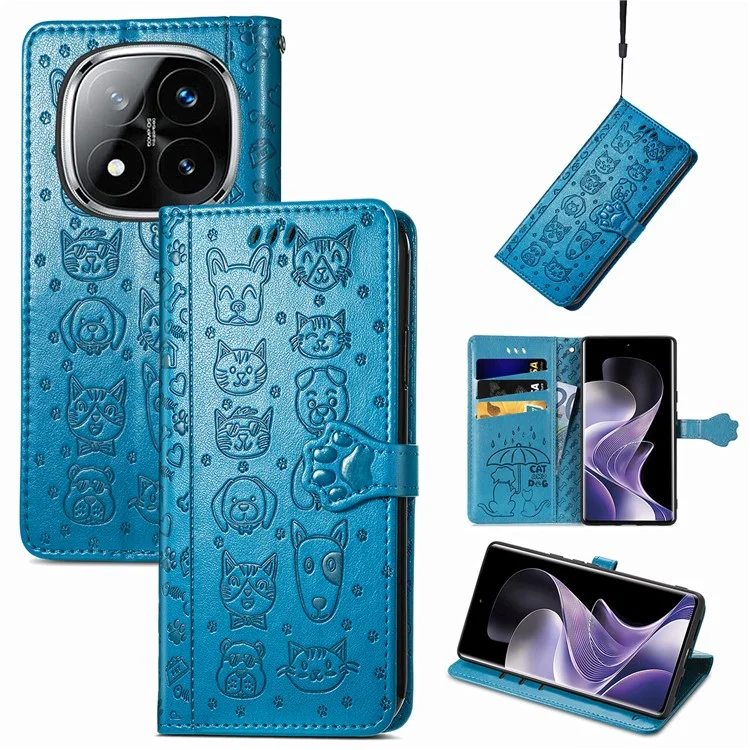 Étui à rabat en cuir pour Xiaomi Redmi Note 14 Pro 5G avec motif mignon de chat et de chien - Bleu