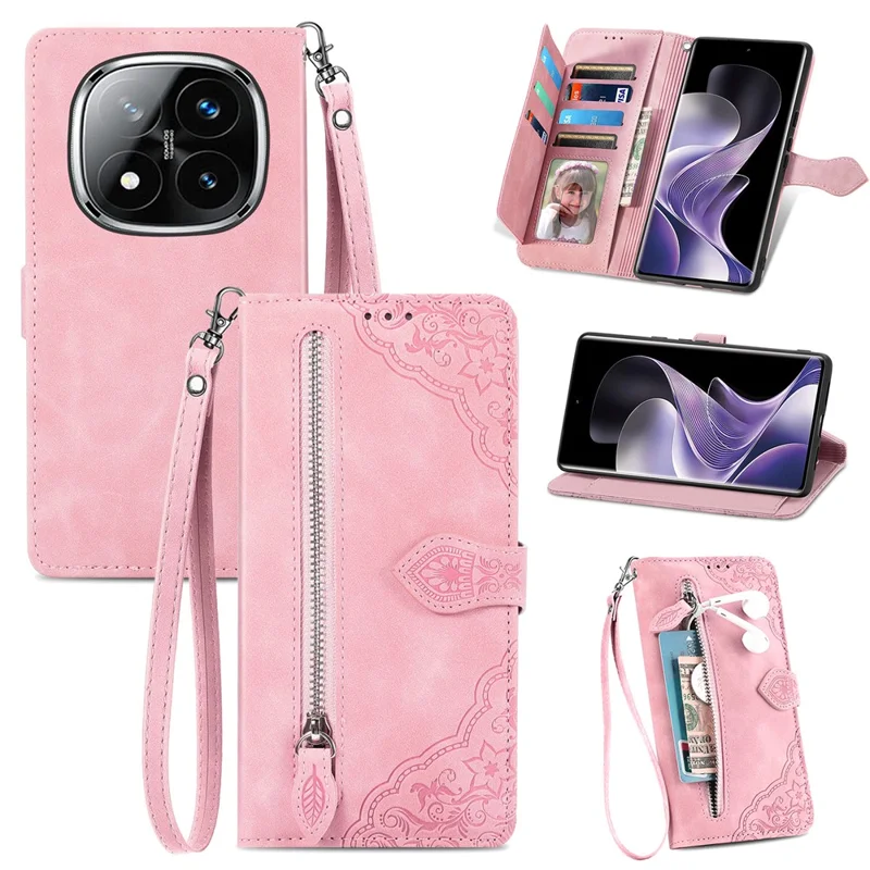 Voor Xiaomi Redmi Note 14 Pro 4G Zipper Wallet Case met Strap Flower Imprint PU Leather Telefoonhoes - Roze