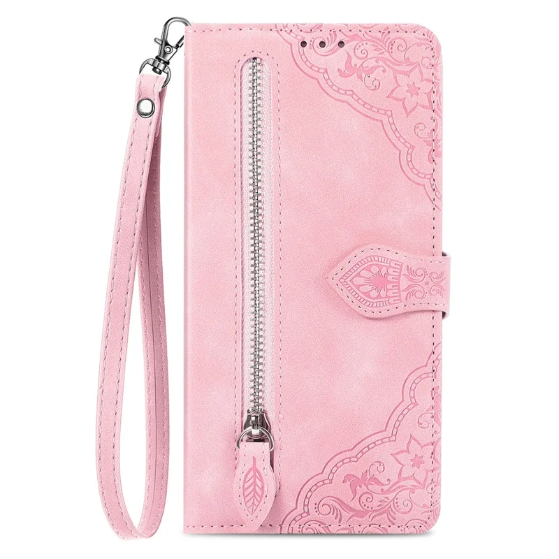 Voor Xiaomi Redmi Note 14 Pro 4G Zipper Wallet Case met Strap Flower Imprint PU Leather Telefoonhoes - Roze