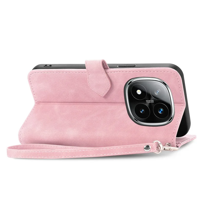 Voor Xiaomi Redmi Note 14 Pro 4G Zipper Wallet Case met Strap Flower Imprint PU Leather Telefoonhoes - Roze