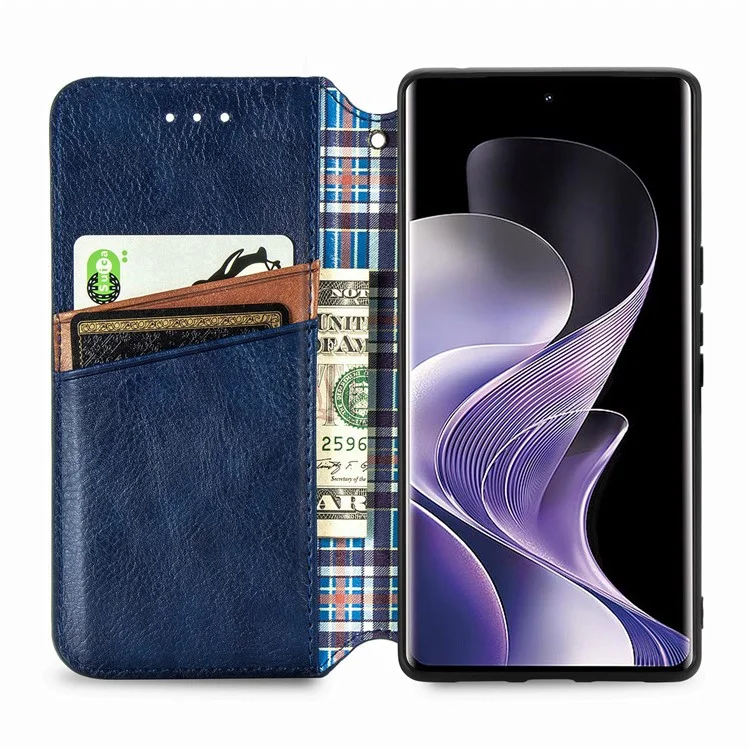 Étui pour Xiaomi Redmi Note 14 Pro 5G, motif losange, en cuir PU, étui portefeuille pour téléphone - Bleu