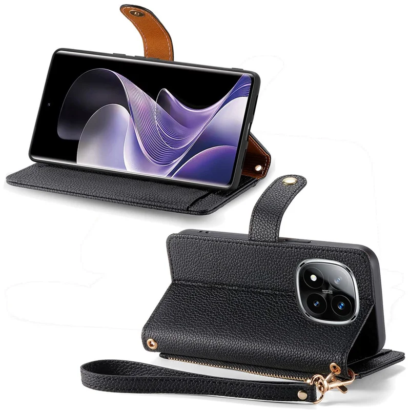 Til Xiaomi Redmi Note 14 Pro+ 5G Task RFID-blokerende med lynlåseforsinkel læderwallet telefonbeskyttelse med rem - Sort