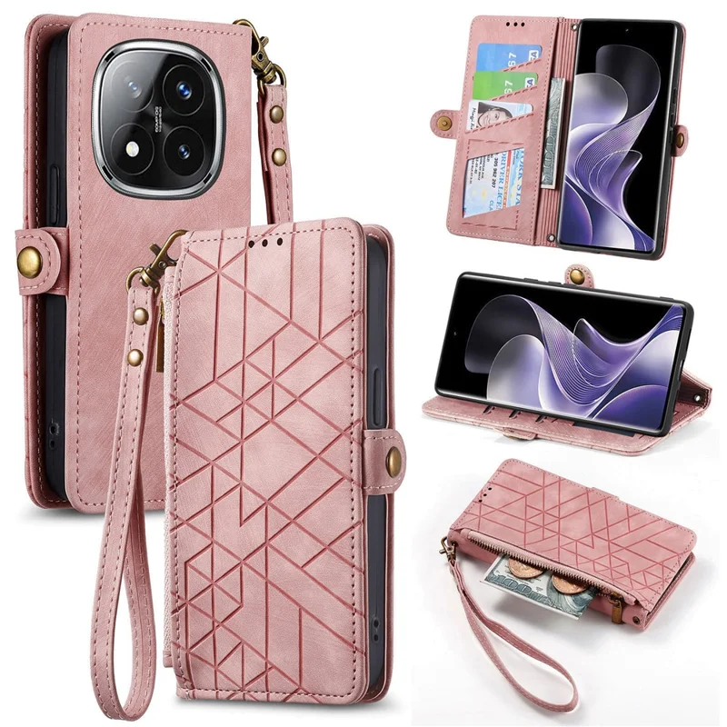 For Xiaomi Redmi Note 14 Pro+ 5G Case Zipper Wallet Geometry Lines Leather Phone Cover - Pink