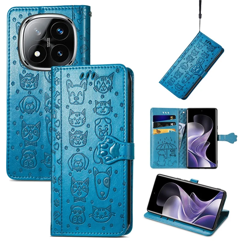 For Xiaomi Redmi Note 14 Pro+ 5G Case Leather Wallet Flip Phone Cover Cute Cat Dog Pattern - Blue