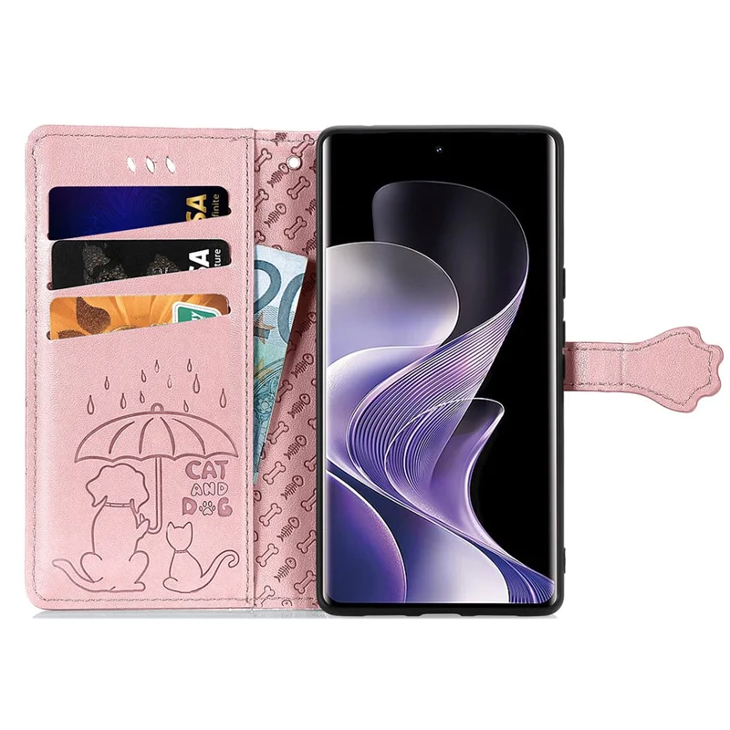 For Xiaomi Redmi Note 14 Pro+ 5G Case Læder Wallet Flip Cover Sjov Katte- og Hundemønster - Rosenlilla