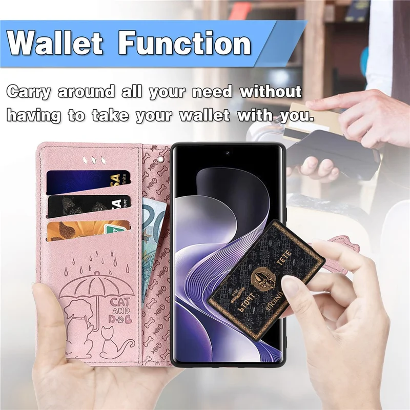 For Xiaomi Redmi Note 14 Pro+ 5G Case Læder Wallet Flip Cover Sjov Katte- og Hundemønster - Rosenlilla
