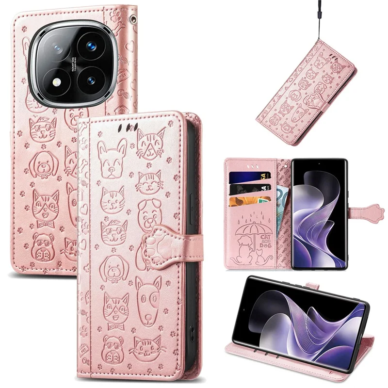 For Xiaomi Redmi Note 14 Pro+ 5G Case Læder Wallet Flip Cover Sjov Katte- og Hundemønster - Rosenlilla