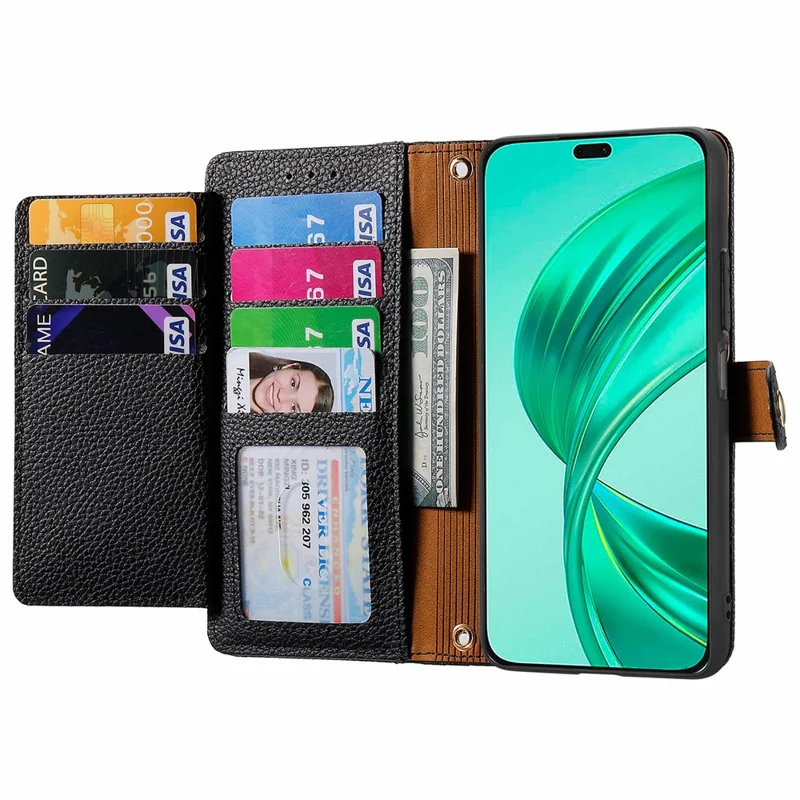 Capa bloqueadora RFID para Honor X7c 4G / 200 Smart 5G / Play 60 Plus 5G com bolso de zíper e carteira de couro - Preto
