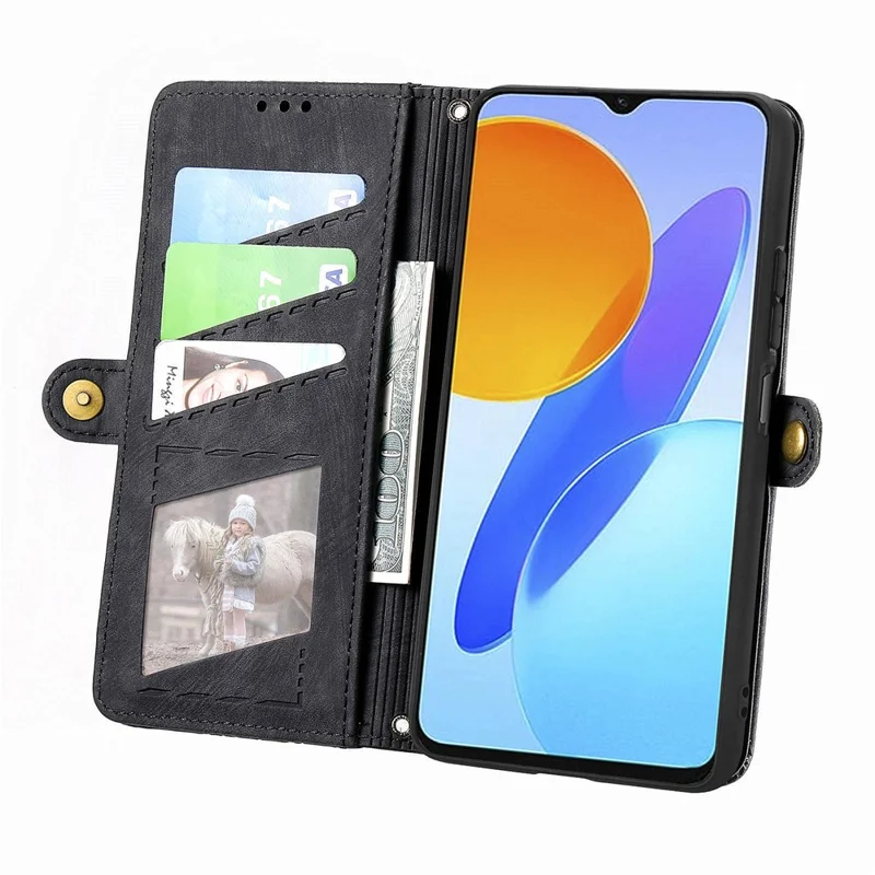 Case For Honor X7c 4G / 200 Smart 5G / Play 60 Plus 5G Zipper Wallet Geometry Lines Leather Phone Cover - Black