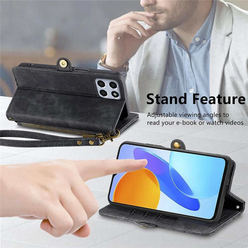 Case For Honor X7c 4G / 200 Smart 5G / Play 60 Plus 5G Zipper Wallet Geometry Lines Leather Phone Cover - Black