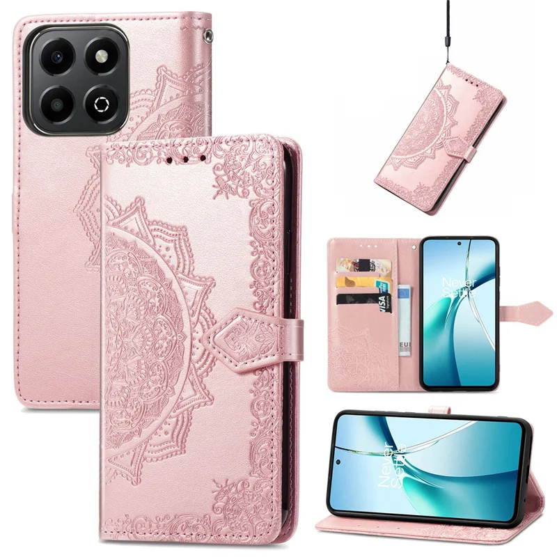 Custodia portafoglio per Honor X7c 4G / 200 Smart 5G / Play 60 Plus 5G con fiore mandala, cover in pelle con supporto e finestra - Oro rosa