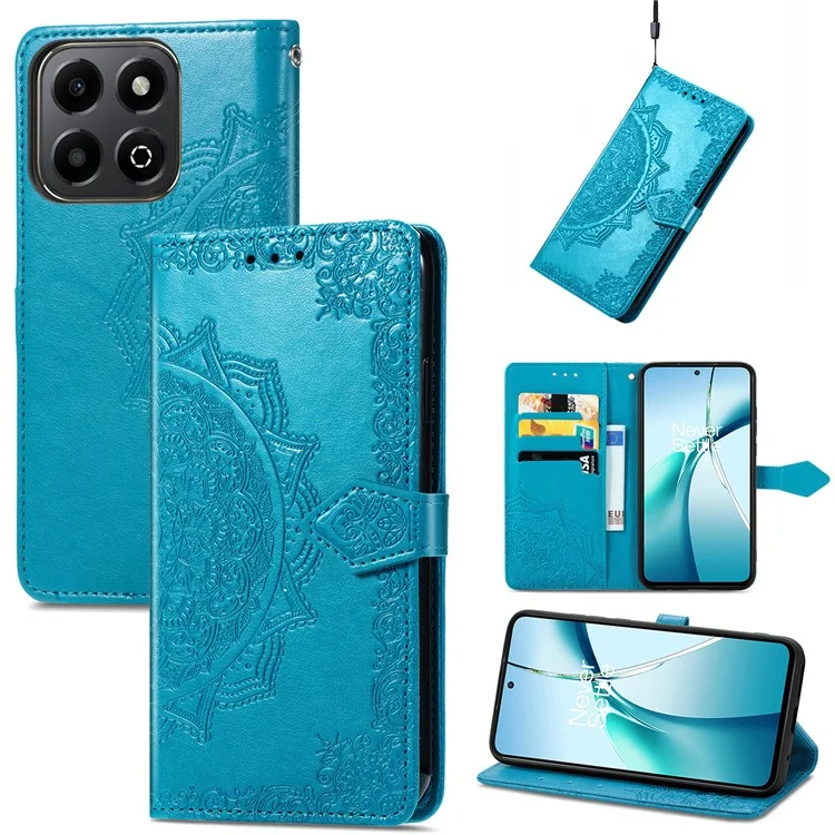 Wallet Case For Honor X7c 4G / 200 Smart 5G / Play 60 Plus 5G Mandala Flower Leather Phone Cover Stand View - Blue
