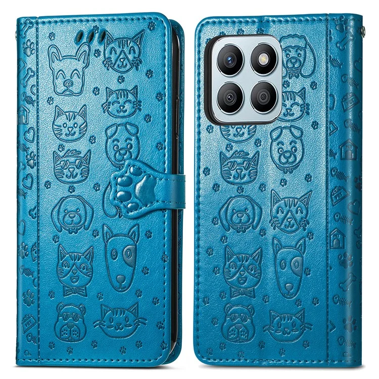 Capa de couro para Honor X7c 4G / 200 Smart 5G / Play 60 Plus 5G Carteira Flip Phone Cover Padrão de gato e cachorro fofo - Azul