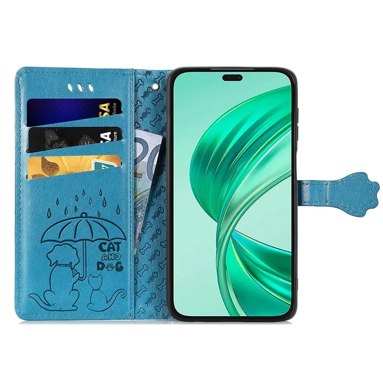 Capa de couro para Honor X7c 4G / 200 Smart 5G / Play 60 Plus 5G Carteira Flip Phone Cover Padrão de gato e cachorro fofo - Azul