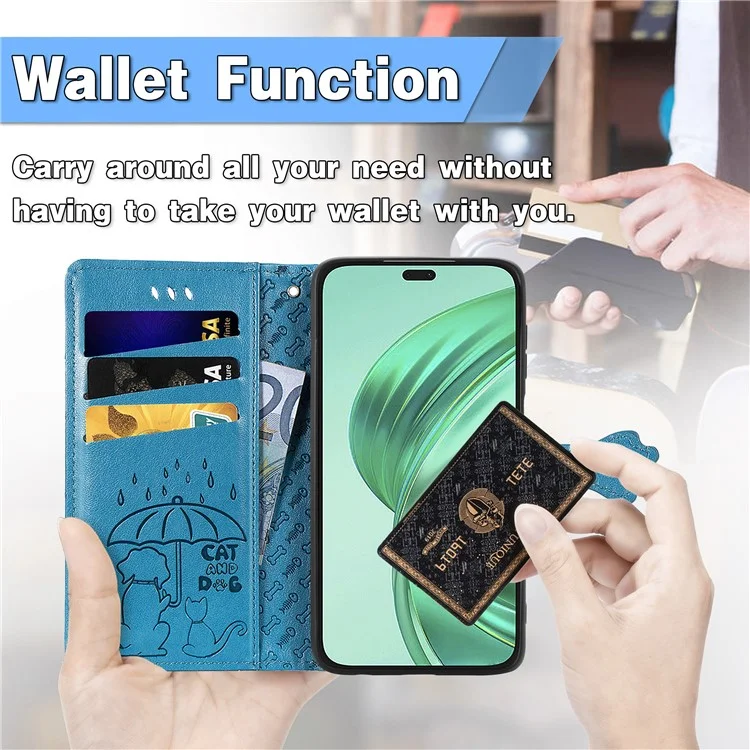 Capa de couro para Honor X7c 4G / 200 Smart 5G / Play 60 Plus 5G Carteira Flip Phone Cover Padrão de gato e cachorro fofo - Azul
