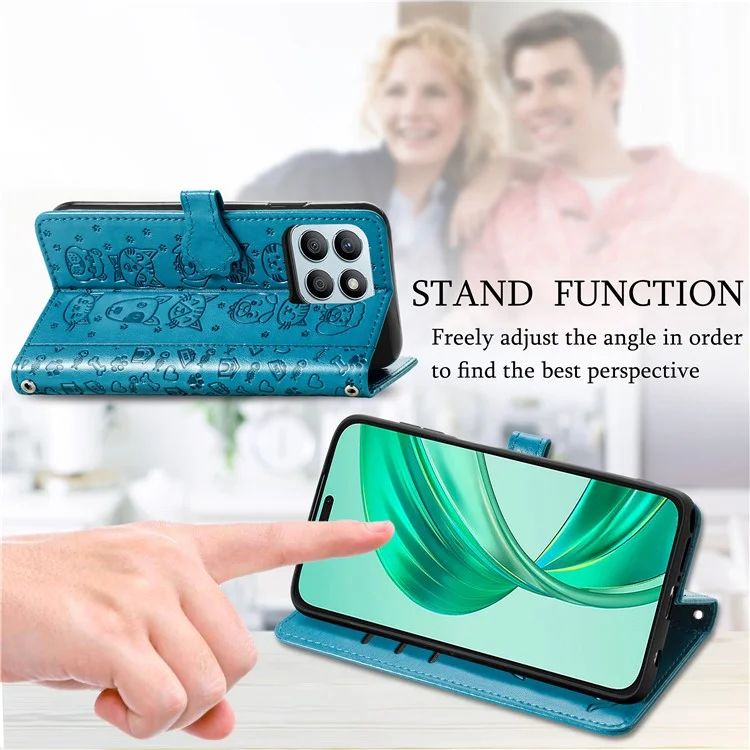 Capa de couro para Honor X7c 4G / 200 Smart 5G / Play 60 Plus 5G Carteira Flip Phone Cover Padrão de gato e cachorro fofo - Azul