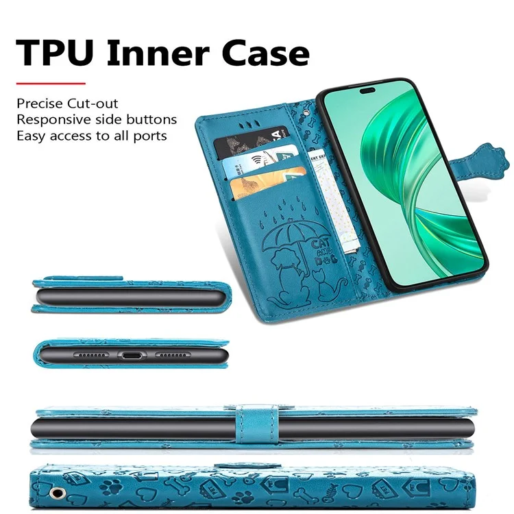Capa de couro para Honor X7c 4G / 200 Smart 5G / Play 60 Plus 5G Carteira Flip Phone Cover Padrão de gato e cachorro fofo - Azul