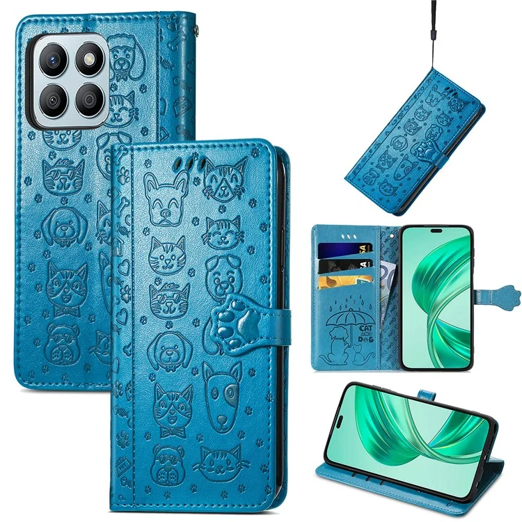 Capa de couro para Honor X7c 4G / 200 Smart 5G / Play 60 Plus 5G Carteira Flip Phone Cover Padrão de gato e cachorro fofo - Azul