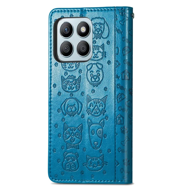 Capa de couro para Honor X7c 4G / 200 Smart 5G / Play 60 Plus 5G Carteira Flip Phone Cover Padrão de gato e cachorro fofo - Azul